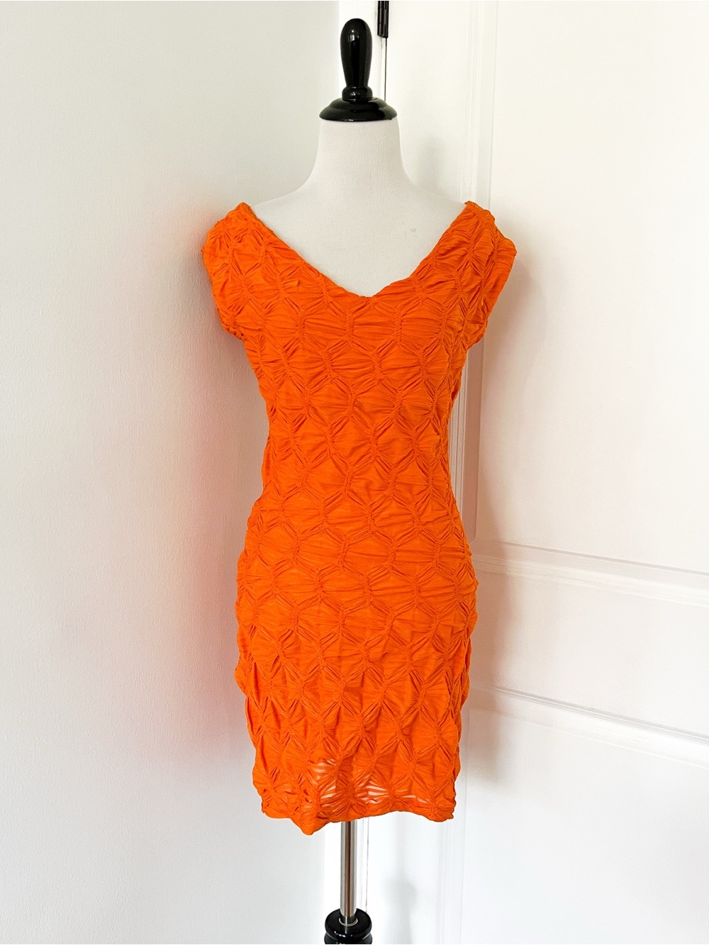 Zara Bright Orange Textured V-Neck Mini Dress - Medium